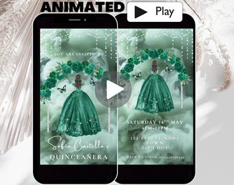 Plantilla animada de invitación a Quinceañera verde esmeralda, vestido de princesa 15 Años Mis Quince Video de invitación, elegante invitación de 16 cumpleaños