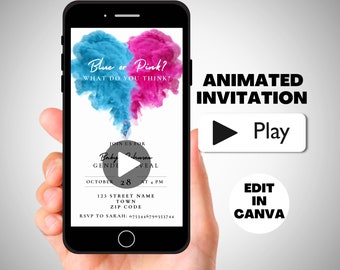 Animated Smoke Themed Gender Reveal Invitation Template, Digital Download, Video Invite