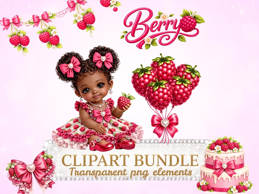 Baby Raspberry Print Afro Girl Raspberry Clipart Bundle, Digital Printable Nursery Birthday ...