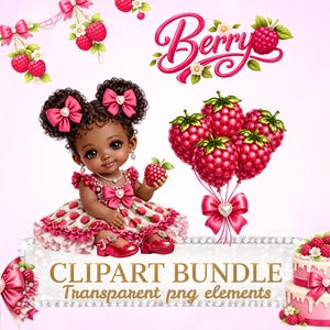 Peut inclure: Illustration numérique d'une petite fille en robe rose à motifs de framboises, tenant une framboise. L'image comprend des ballons, des nœuds et un gâteau aux framboises. Le texte "CLIPART BUNDLE" est affiché. L'ensemble est rose.