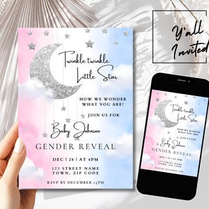 Twinkle Twinkle Little Star Gender Reveal Invitation Template, Moon And Stars Gander Reveal Party invite, Printable And Digital Invitation