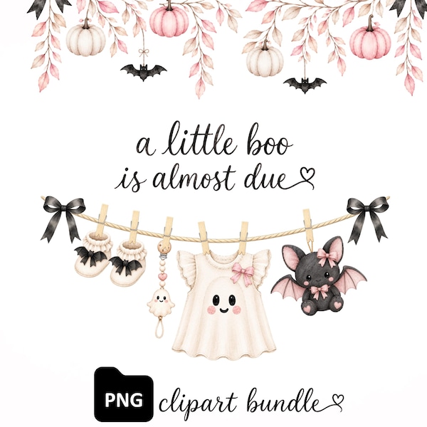 以下が含まれることがあります： a little boo is almost dueというテキストが書かれたデジタルイラスト。物干しロープにベビーシューズ、おしゃぶりクリップ、お化け柄のドレス、コウモリのぬいぐるみが吊るされており、ピンクのカボチャと黒いリボンで装飾されている。