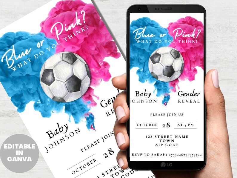 Soccer Themed Gender Reveal Invitation Template, Digital Download