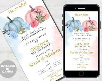 Gender Reveal Invite Pumpkin Theme, Digital Invitation, Fall pumpkin invitation template