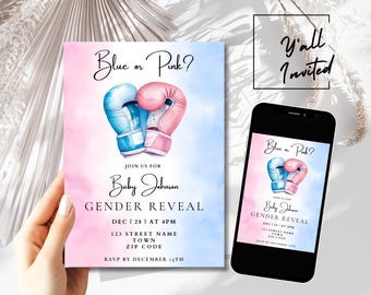 Knockout Boxing Gender Reveal Invitation Template, Blue And Pink MMA Boxing Gloves Theme Gander Reveal Party invite, Digital And Printable