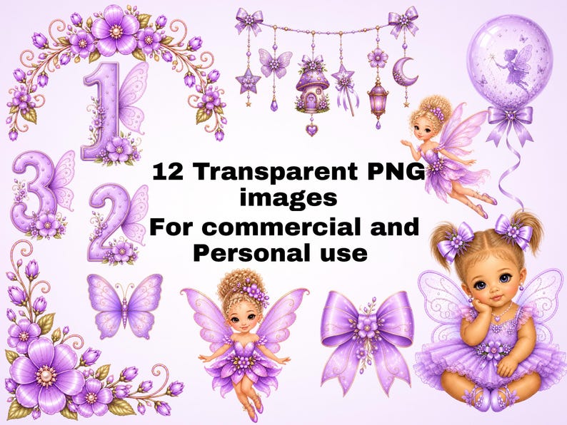 Purple Fairy Clipart Bundle Set, Butterfly Baby Shower 1st Birthday PNG ...
