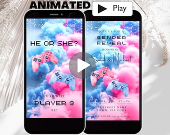 Geanimeerde gaming gender Reveal uitnodigingssjabloon, videogames thema gender Reveal uitnodiging, digitale speler 3 gender Reveal uitnodigingsvideo
