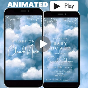 Modello video per invito al baby shower "On Cloud Nine", invito animato per baby shower con nuvole blu, invito digitale moderno e carino