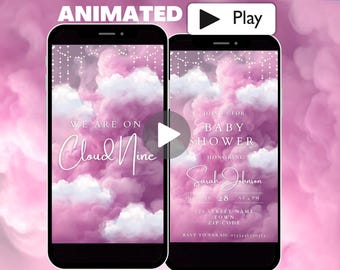 On Cloud Nine Baby Shower Invitation Video Template, Animated Pink Clouds Girl Baby Shower Invite, Cute Modern Digital Invitation