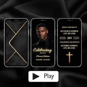 May include: Three smartphones displaying a memorial service invitation. The screens show a portrait, geometric design, and service details. The text reads "Celebrating the Life of Marcus Johnson" and service information. A play button is at the bottom.