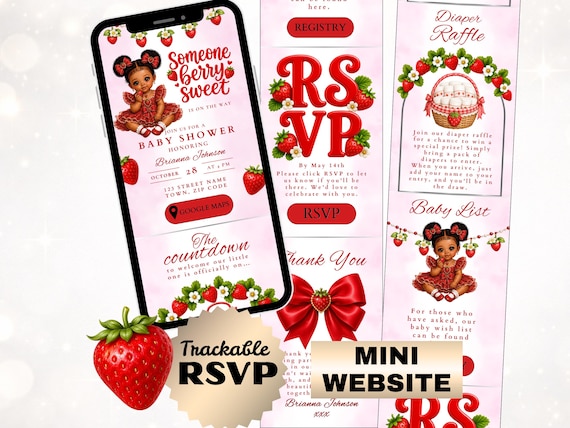 Afro Girl Berry Baby Shower Invitation Template, Digital Strawberry Video Invite Trackable RSVP Website
