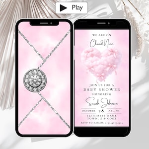 May include: Two smartphones displaying a baby shower invitation. One shows a silver necklace with a round pendant on a pink background. The other features a pink cloud heart with text: "We are on Cloud Nine" and event details.