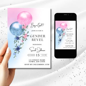 Floral Luftballons Gender Reveal Einladung Vorlage, druckbare blaue und rosa Gender Reveal Party Einladung, moderne digitale einladen