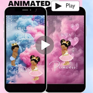女の子の性別発表ビデオ、アニメプリンセスのサプライズテキスト性別発表ビデオ、かわいいアフリカ系アメリカ人の赤ちゃん発表ムービー