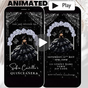 Animated Black And Silver Quinceañera Invitation Template, Princess Dress Black Quince Invitation Video, Elegant Sweet 16 Birthday Invite