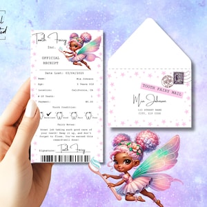 Plantilla de carta y sobre para el Hada de los Dientes afroamericana, recibo editable para el Hada de los Dientes, certificado imprimible para el Hada de los Dientes, nota para el Hada de los Dientes