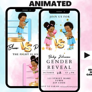 May include: Animated digital invitation for a gender reveal party. The invitation features a blue and pink boxing ring with two cartoon babies dressed as boxers. The text on the invitation reads "Join us for Baby Johnson Gender Reveal, October 28 at 4 PM, 123 Street Name, Town, Zip Code, RSVP to Sarah: 075344679035374".