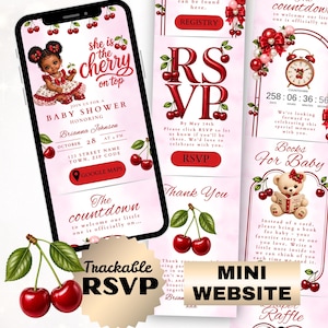 Plantilla de invitación para baby shower Afro Girl Cherry, invitación digital en video con sitio web de confirmación de asistencia rastreable