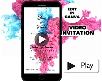 Animated Blue and Pink Smoke Gender Reveal video Invitation Template, Digital Download Invite