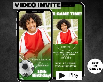 Your own photo animated boys soccer birthday invitation template, Digital Download birthday party football soccer video text Invite