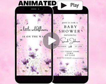 Animated Wildflower Baby Shower Invitation Template, Baby In Bloom Baby Shower Invitation Video , Cute Digital Floral Butterfly Invite