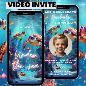 Video di invito per festa di compleanno a tema acquatico sottomarino animato, invito personalizzato per bambini con foto personalizzata con tartarughe, download immediato