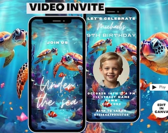 May include: A video invitation for a 9th birthday party with an underwater theme. The invitation features a boy's photo, colorful sea turtles, and the text "Let's Celebrate Michael's 9th Birthday". The invitation also includes the date, time, and location of the party.