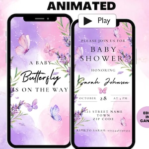 Animated Butterfly Baby Shower Invitation, Girl Baby Shower Video Invite, Purple Lilac and Pink Butterfly Baby Shower Invitation Template