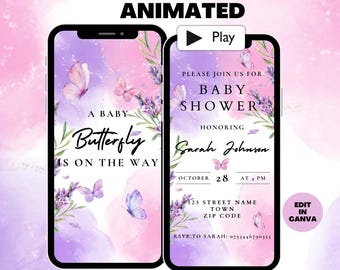 Animated Butterfly Baby Shower Invitation, Girl Baby Shower Video Invite, Purple Lilac and Pink Butterfly Baby Shower Invitation Template