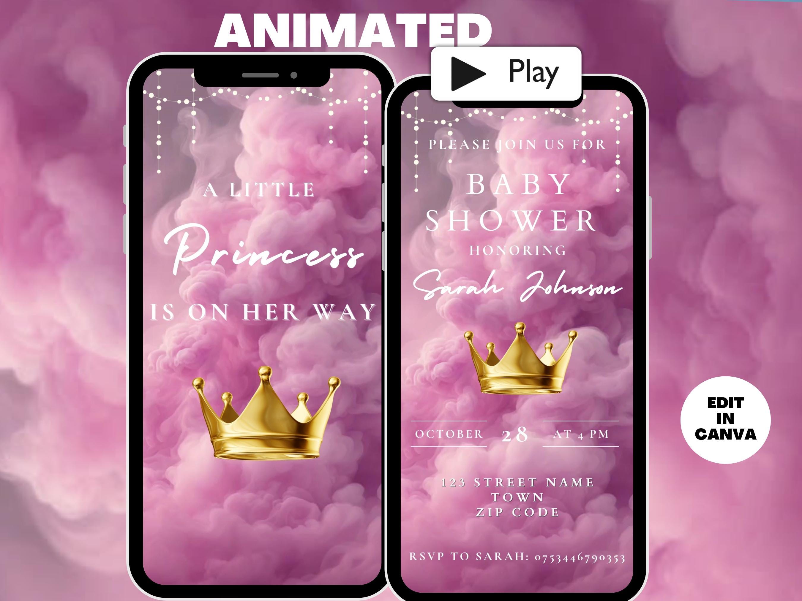 Animated Princess Baby Shower Invitation Template, Royal Fairytale Pink Baby Shower Invite Video, Digital Download Editable Text Template