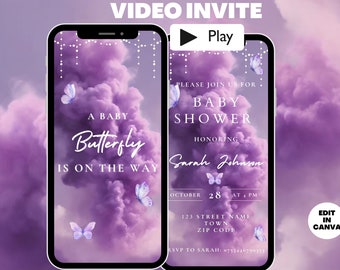 Animated Purple Lilac Butterfly Theme Baby Shower Invitation, It’s a Girl Invite Video, Unique Cute Digital Download Editable Text Template
