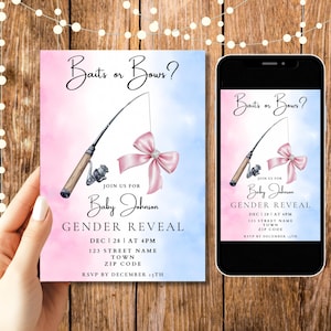 Baits Or Bows Gender Reveal Invitation Template, Printable Fishing Gender Reveal Party Invitation, Blue and Pink Digital Invite