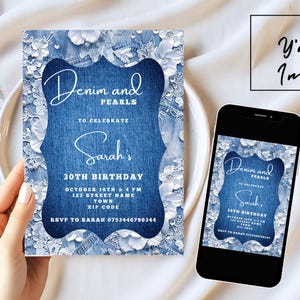Editable Denim Invitation Template, Denim And Pearls Printable Birthday Party Invitation, Blue Western Denim Party Digital Invite for Women