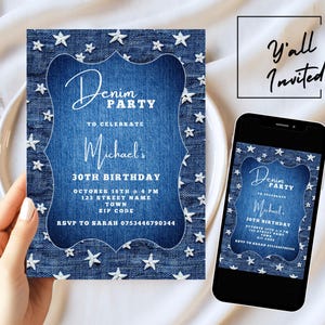 Printable Denim Party Invitation Template, Western Denim Editable Birthday Party Invitation, Blue Denim Digital Invite for Men and Women