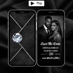 Peut inclure: Design de faire-part de mariage en noir et blanc sur deux smartphones. L'un affiche un diamant et des lignes géométriques, l'autre un couple avec le texte "Save The Date" et les détails du mariage: Olivia & Marcus, 20 août 2026.