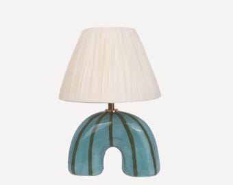 Handmade Ceramic Table Lamp: Green Stripe Pattern, Raffia Shade