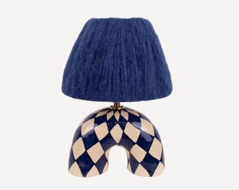 Handmade Blue Diamond Ceramic Lamp: Artisan Lighting with Alpaca Shade