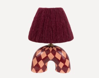 Handmade Ceramic Table Lamp: Maroon Diamond Pattern, Alpaca Silk Shade