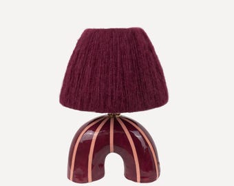 Handmade Ceramic Table Lamp: Maroon Stripe, Alpaca Shade