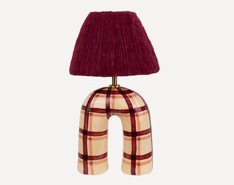 Handmade Ceramic Table Lamp: Maroon Gingham, Alpaca Silk Shade