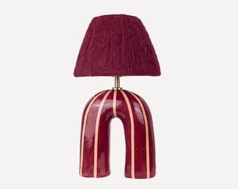 Handmade Ceramic Table Lamp: Maroon Stripe, Alpaca Shade, Modern Designer Lighting