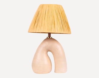 Handmade Ceramic Table Lamp: Satin Cream Finish, Raffia Shade