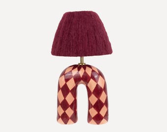 Handmade Ceramic Table Lamp: Maroon Diamond Pattern, Alpaca Silk Shade