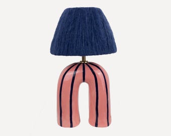 Handmade Ceramic Table Lamp: Blue & Pink Striped Artisan Lighting
