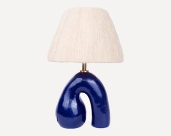 Handmade Ceramic Table Lamp: Royal Blue Glossy Finish, Wool Shade