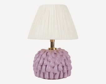 Handmade Violet Ceramic Table Lamp: Drip Texture, Raffia Shade