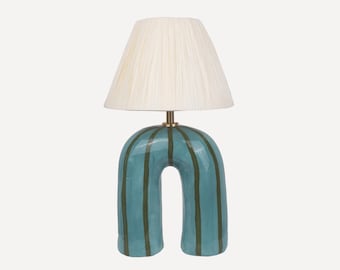Handmade Green Striped Ceramic Lamp: Artisan Home Lighting