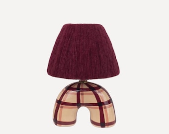 Handmade Ceramic Table Lamp: Maroon Gingham Pattern, Alpaca Silk Shade