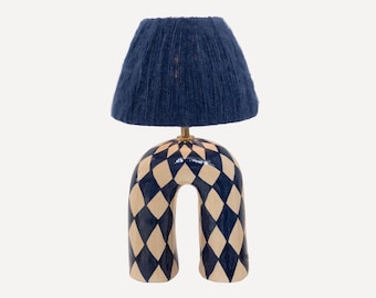 Handmade Blue Ceramic Lamp: Diamond Pattern, Alpaca Silk Shade