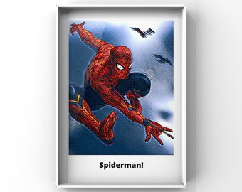 May include: A digital illustration of Spiderman in a red and blue suit, swinging through the air with a web shooter in his hand. The background is a blue and white abstract design. The text "Spiderman!" is at the bottom of the image.